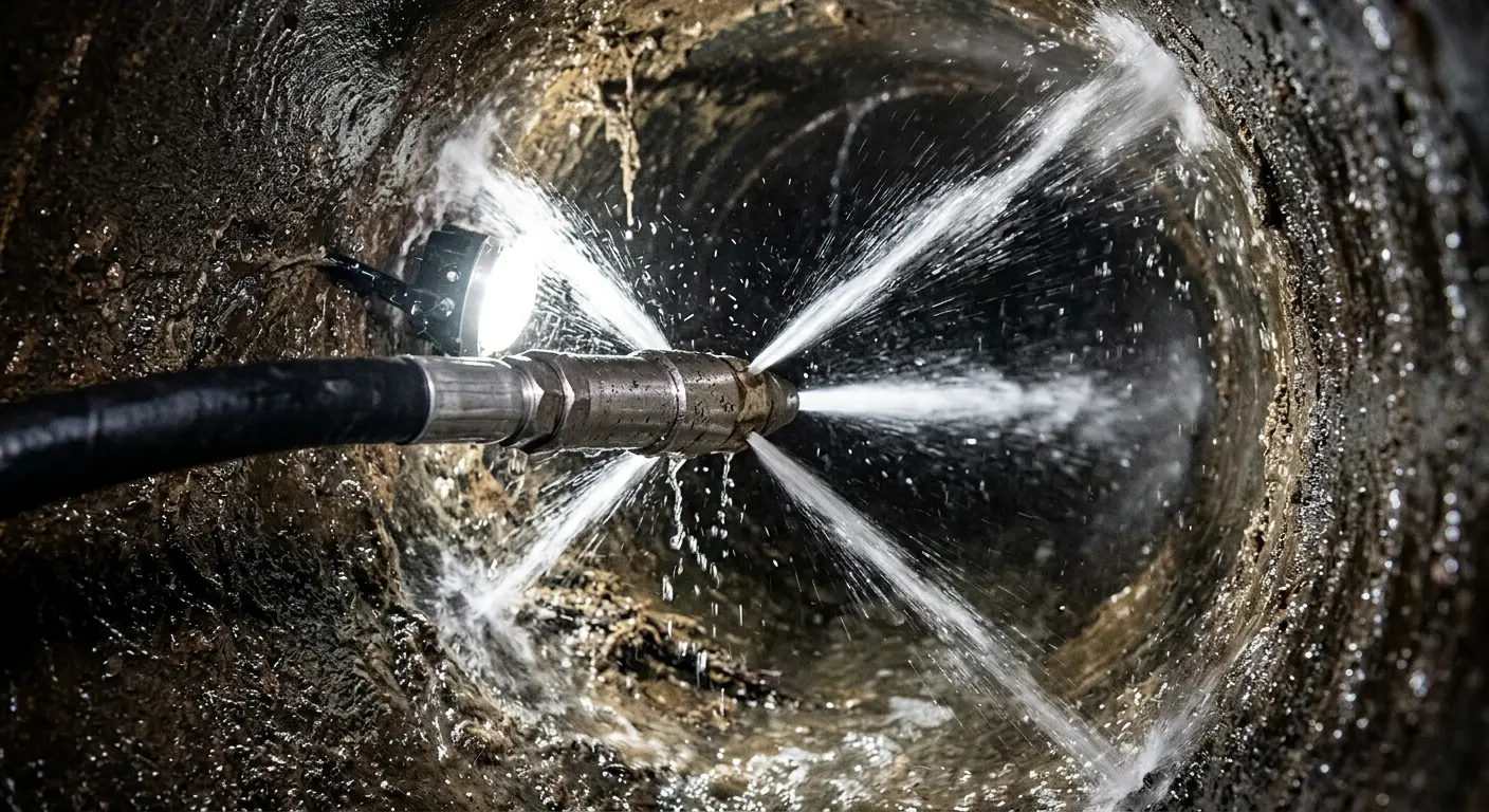 High-pressure hydro jetting nozzle cleaning sewer pipe for Emergency Drain Service in Prichard