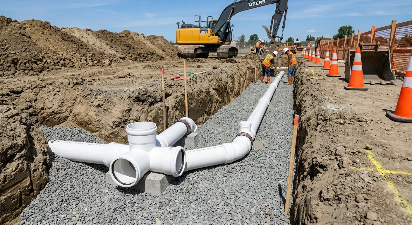 New PVC sewer pipe installation in open trench for Sewer Backup in Prichard