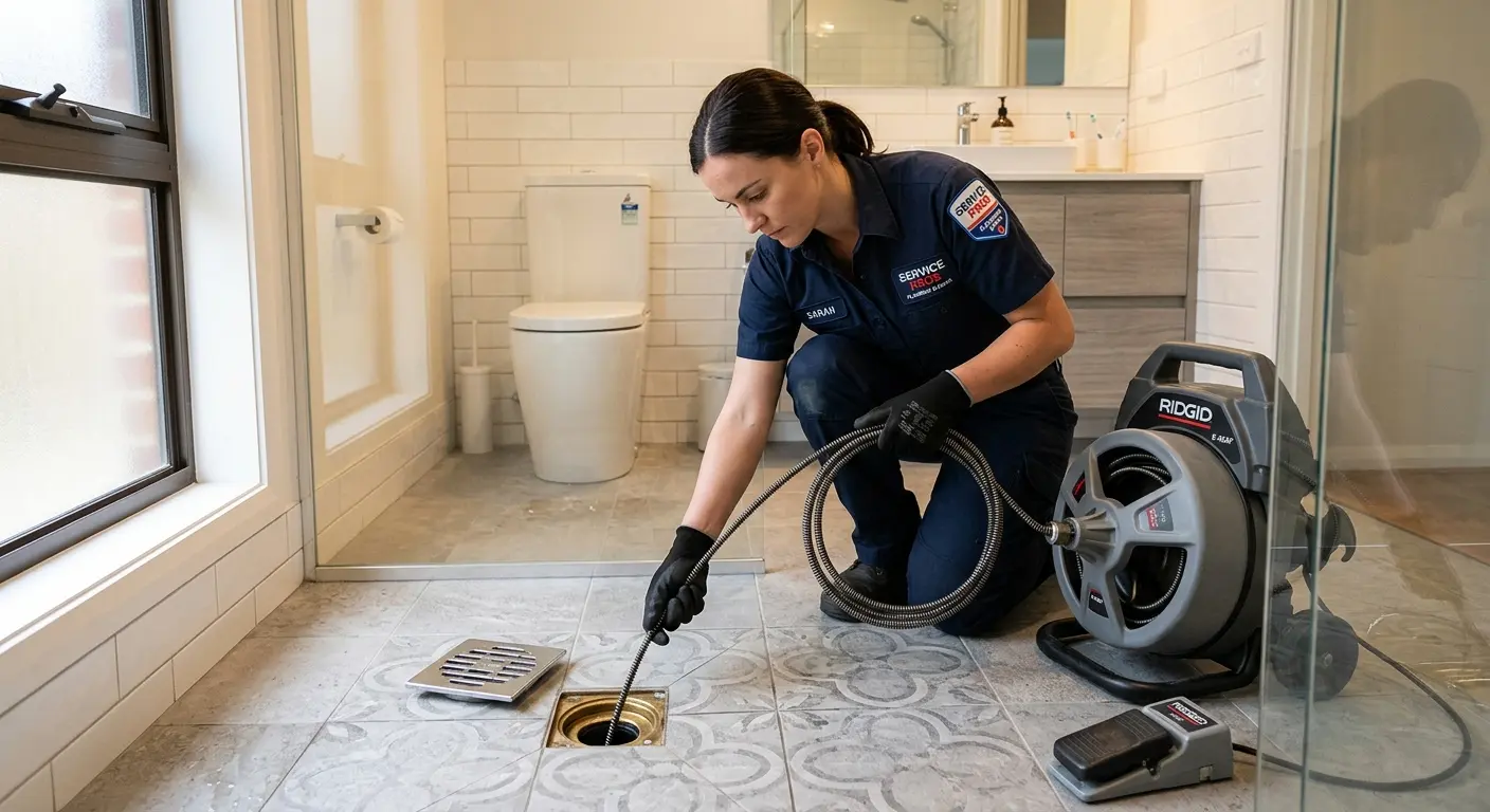 Technician clearing a bathroom floor drain for Hydro Jetting in Prichard
